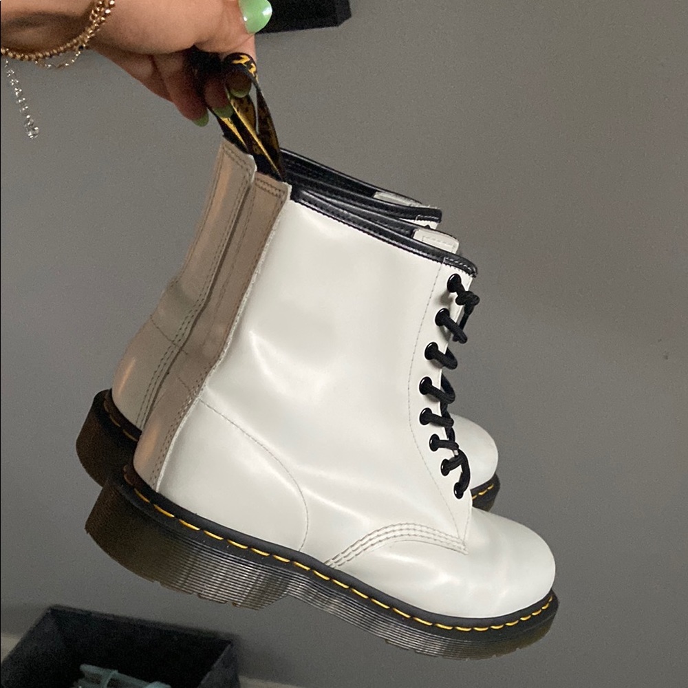 Dr. Martens White and Black Combat Boots with Glossy Finish